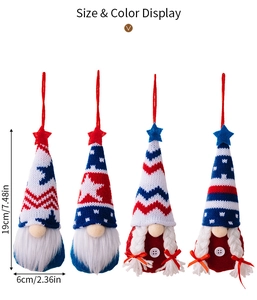 Size display of four knitted patriotic gnomes in red white and blue with star accents