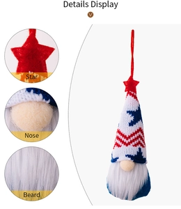 Detailed view of patriotic gnome ornament with star, plush nose, and white faux fur beard