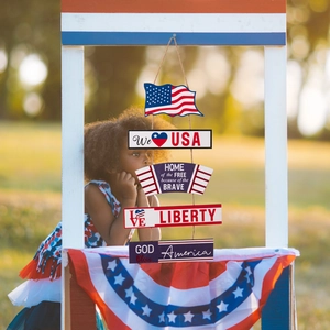 Five-tier wooden American flag door hanger with patriotic slogans for Independence Day
