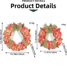 Detail showing two sizes of faux hydrangea wreaths with pink flowers and green bow