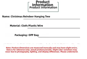 Detailed specifications for reindeer hanging tree ornament made of fabric and PVC