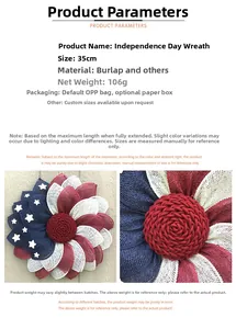 Macro detail of red white and blue burlap Independence Day wreath with stars