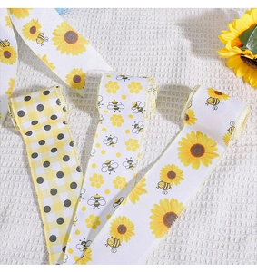 Details zu Bee Festival Bändern mit Sonnenblumen- und Wabenprint auf Jute-Struktur