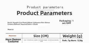 Detailed size and material chart for the red Halloween devil horn headband and fork set