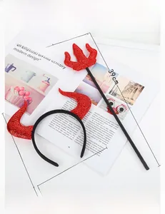 Detail of red sequined devil horn headband and trident set with size measurements