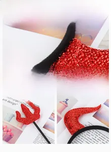 Detailed view of red sequin devil horns headband and trident for Halloween parties