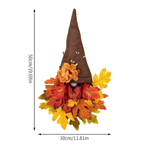 Detail view of 50cm autumn gnome wreath with dimensions in maple leaf decor