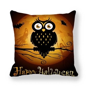 Federa per cuscino Halloween con gatto nero gufo e luna con scritta Happy Halloween inclusa