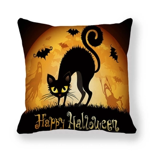 Federa per cuscino Halloween con gatto nero e pipistrelli in tessuto pelle di pesca