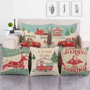 Funda de Almohada de Navidad de Lino Funda de Cojín Patrón Camioneta Roja Alce Rústico Decoración Navideña Vintage Cuadrada Funda Decorativa