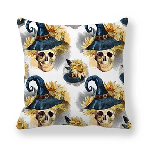 Detailed pattern of orange skull with wizard hat and sunflowers on square pillowcase