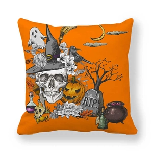 Orange Halloween pillow cover with skull, pumpkin and RIP grave on peach skin fabric