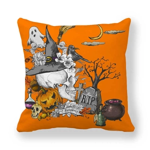 Halloween pillowcase featuring orange skull with wizard hat, pumpkins and ghosts on white background