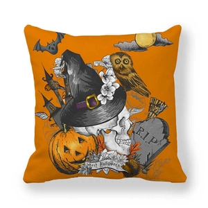 Orange Halloween skeleton pillow cover with pumpkin and witch hat peach skin material