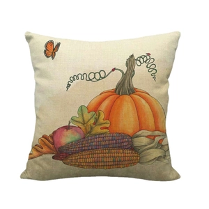 Linen cushion cover featuring orange pumpkin and autumn harvest illustration on white background