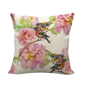 Linen cushion cover with floral bird watercolor art print on white background