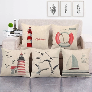 Nautical Linen Cushion Cover Lighthouse Sailboat Anchor Pattern Square Decorative Pillowcase For Sofa Living Room Home Decor