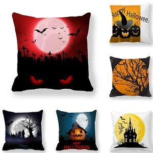 Halloween Pillow Case Thickened Peach Skin Fabric Square Cushion Cover Sofa Living Room Home Decor Festive Horror Mystery Pumpkin Bat Theme