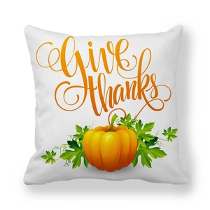 Detail of Give Thanks festive print on white peach skin fabric square pillow cover