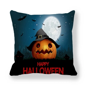 Detail of Happy Halloween peach skin pillow cover with pumpkin and bat textured print