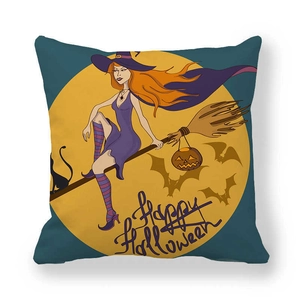 Macro detail of thick peach skin fabric texture with Halloween witch illustration print