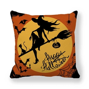 Detail of Happy Halloween pillow case with witch, pumpkin and bat on peach skin fabric