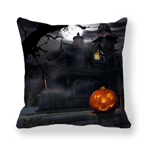 Halloween pillowcase featuring spooky haunted castle, glowing pumpkins, and bats on white background