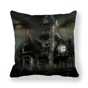 Gothic Halloween haunted house pillow case on peach skin fabric with dark castle print