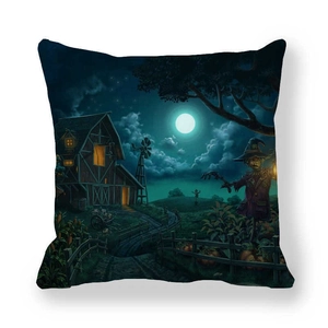 Detail of Halloween farmhouse pillowcase showing a scarecrow, windmill, and glowing pumpkins
