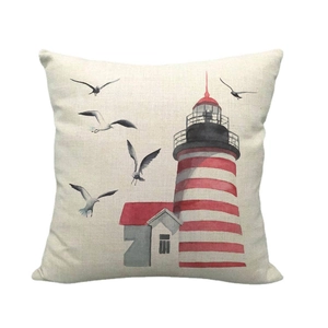Linen blend square pillow cover featuring a watercolor lighthouse and flying seagulls design