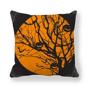 Halloween pillow cover with orange full moon, black bats and pumpkin silhouette design