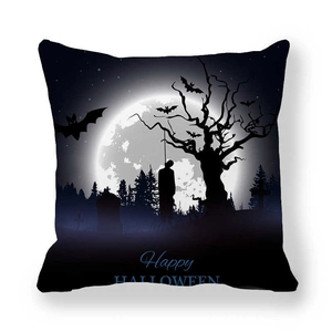 Halloween throw pillow cover featuring graveyard silhouettes, bats, and Happy Halloween text