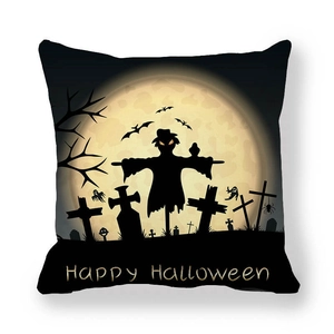 Detail of Halloween peach skin pillowcase with scarecrow and graveyard silhouette print