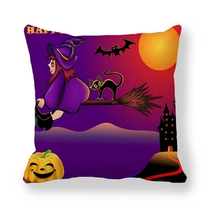 Halloween peach skin throw pillow case with flying witch, black cat and pumpkin design
