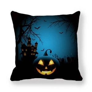 Halloween peach skin pillowcase with glowing pumpkin lanterns, castle and bats design