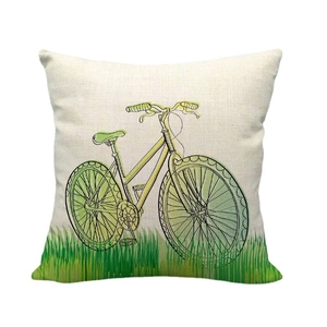 Linen cotton square pillow case with fresh green bicycle print on a white background