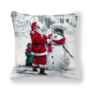 Detail view of a Santa and Snowman illustration on a thick Christmas pillowcase