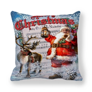 Detail view of Santa and reindeer print on thick peach skin fabric Christmas pillowcase