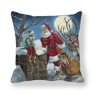 Detail of vintage Christmas pillowcase featuring Santa and reindeer on peach skin fabric