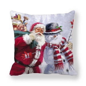 Close-up of Santa and snowman print on thick peach skin pillowcase for Christmas