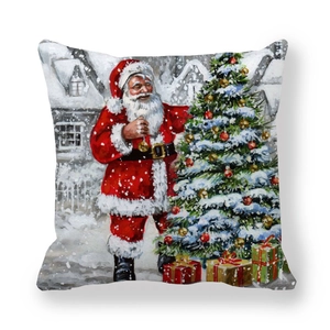 Detail of Christmas pillowcase showing vintage Santa Claus and snowy tree illustration