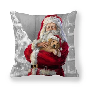 Detail of Santa Claus and golden retriever puppy print on festive peach skin pillowcase
