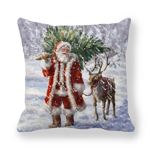 Detail of Christmas pillowcase with oil painting style Santa and reindeer in snow scene