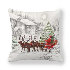 Christmas pillowcase with vintage hand-drawn Santa Claus and reindeer on snow village scene