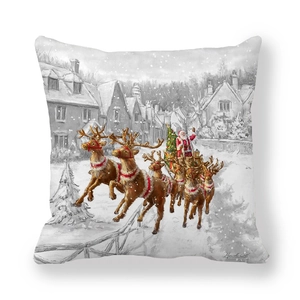 Detailed digital print of Santa and reindeer sleigh on thick peach skin pillow cover