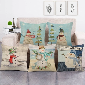Festive Christmas Snowman Linen Blend Pillowcase Square Winter Holiday Cushion Cover For Sofa Living Room Home Decor
