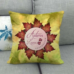 Linen autumn throw pillow cover featuring red maple leaves and Autumn Leaves text