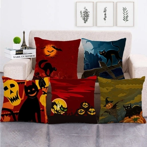 Funda de Cojín de Lino Gato Negro Calabaza Halloween Funda de Almohada Cuadrada Para Sofá Decoración de Hogar Halloween