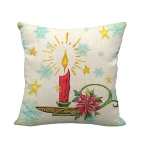 Linen Christmas pillow case with watercolor candle and poinsettia on white background