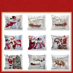 Christmas Pillow Case Peach Skin Velvet Santa Snowman Reindeer Winter Landscape Decorative Cushion Cover Home Sofa Decor